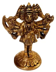 Brass Idol Lord Panchmukhi Hanuman: Bajrangbali Statue With 10 Arms Holding Different Objects (10377A)