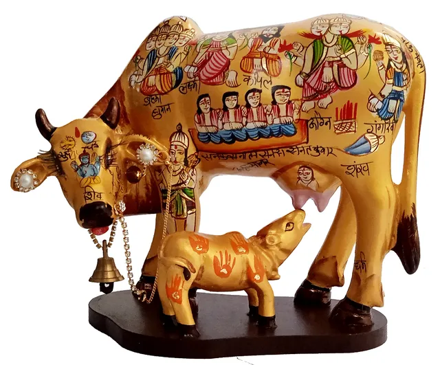 Resin Idol Kamdhenu Wish Cow & Calf: Hindu Gods Painted Good Luck Statue (10103B)