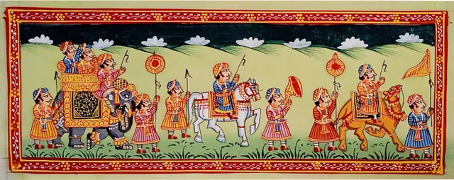 Silk Cloth Painting King's Outing: Collectible Indian Miniature Art Unframed Wall Hanging (12479C)