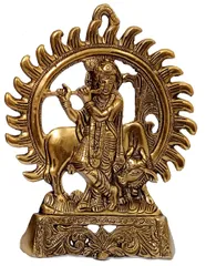 Metal Idol Surya Krishna: Wall Hanging Statue Of Divine Kamdhenu With Gopala, Gold (12511)