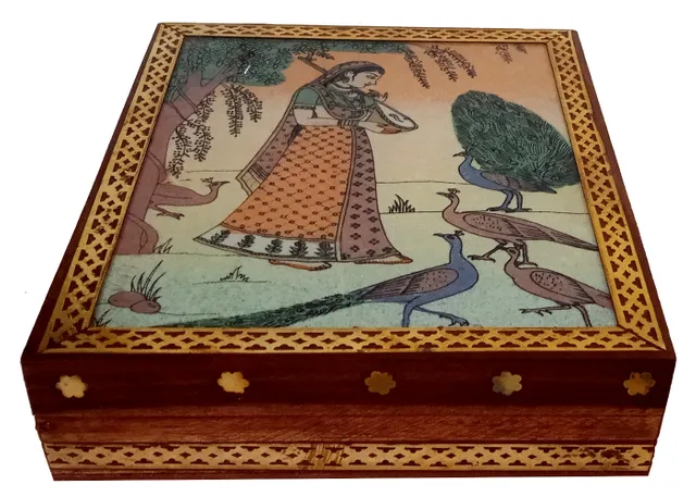 Wooden Gemstone Painting Box "Folk Lady Ragini": Collectible Souvenir Gift, 5*6 Inch (12522E)
