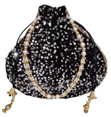 Blingy Shiny Chenille Potli Bag (Clutch, Drawstring Purse) For Women: Black Sequin Embroidery Work (12530B)