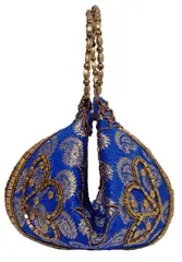Silk Clutch Purse In Pyramid Design: Ladies Handbag Potli With Sequin Embroidery, Blue (12531B)