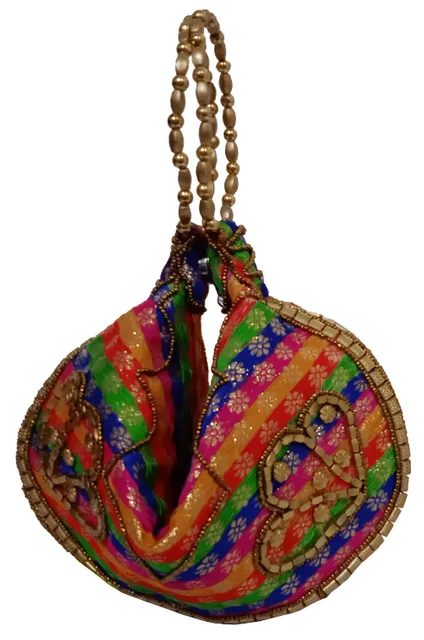Silk Clutch Purse In Pyramid Design: Ladies Handbag Potli With Sequin Embroidery, Multicolor (12531C)