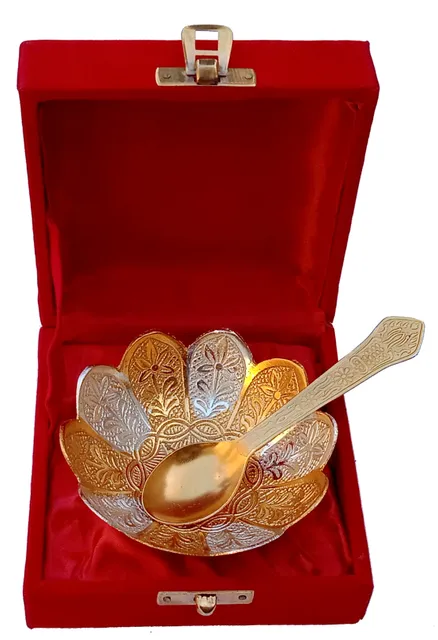 Metal Bowl Spoon Serving Set: For Dry Fruits, Sweets Or Candies, Gold-Silver Finish (12532B)