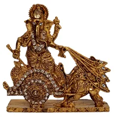 Metal Idol Ganesha On Mooshak Rath: Glittering Stones Statue Ganapathis On Mouse Chariot (12536)