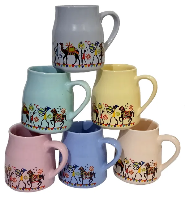 Ceramic Mug Set Tribal Procession: Set Of 6 Tea Coffee Cups, Multicolor (12539A)