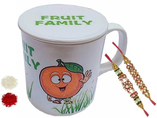 Rakhi Hamper for Kids 2 Designer Rakhis, 1 Roli Tika, 1 High Quality Plastic Children's Mug With Lid (rakhi92H)
