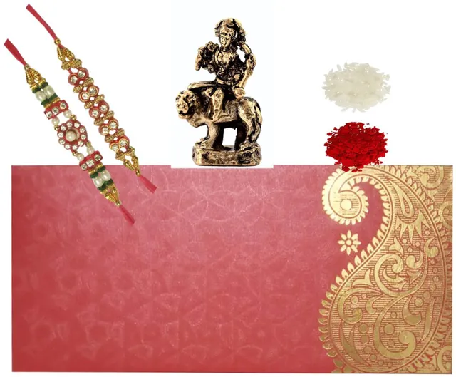 Rakhi Set for Brother: 2 Rakshabandhan Bracelets, Roli Chawal Tika, Miniature Statue Sherawali Ma Durga (rakhi96a)