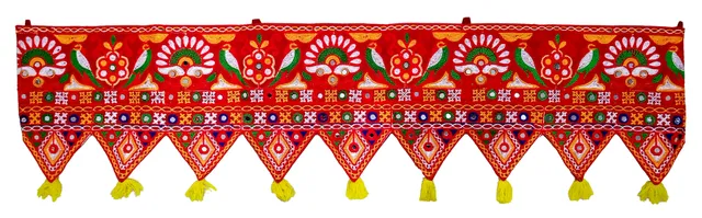 Cotton Bandhanwar (Bandharwal Toran) 'Crimson Beauty': Door Hanging Window Valance Tapestry; Ethnic Indian Decor (12447B)