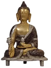 Brass Idol Lord Buddha In Unique Copper Silver Finish: Collectible Statue For Temple, Decor Or Gifting (10963)