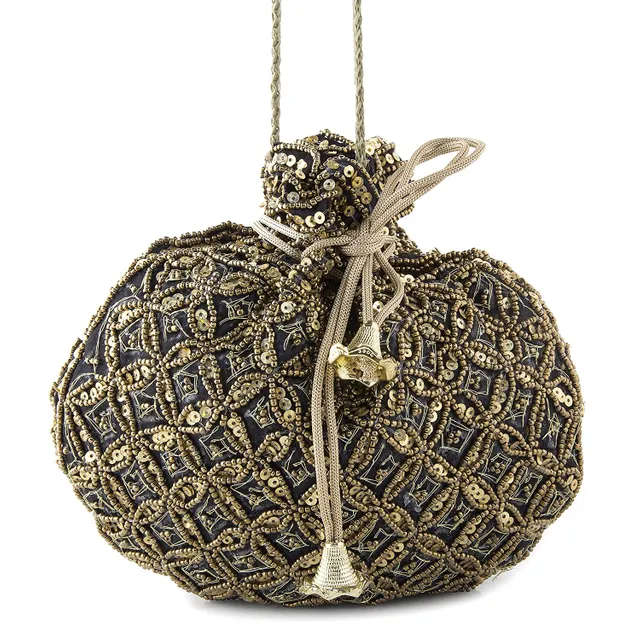 Potli Bag (Clutch, Drawstring Purse) For Women With Intricate Gold Thread & Sequin Embroidery Work (Black,11267)
