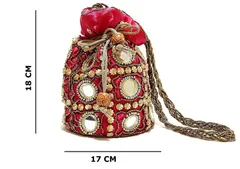 Potli Bag (Clutch, Drawstring Purse) For Women With Intricate Gold Thread & Mirror Embroidery Work (Maroon,11268)