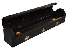 Wooden Incense Stick Holder Cone Burner Stand Box: Storage Compartment, Ash Catcher: Hand Carved With Star Brass Inlay (11009A)