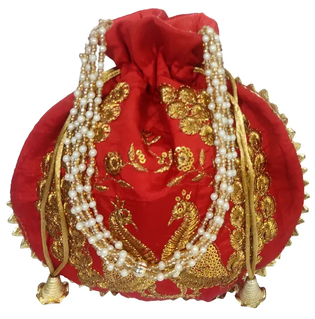 Silk Potli Bag (Clutch, Drawstring Purse): Intricate Gold Thread & Sequin Peacock Embroidery Satchel For Women, Red (11474)
