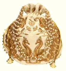 Silk Potli Bag (Clutch, Drawstring Purse): Intricate Gold Thread & Sequin Peacock Embroidery Satchel For Women, Gold Cream (11474A)?