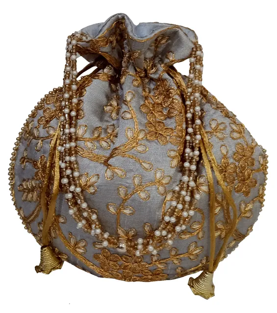 Silk Potli Bag (Clutch, Drawstring Purse): Intricate Gold Thread & Sequin Embroidery Satchel For Women, Dull Silver (12602B)?