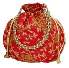 Silk Potli Bag (Clutch, Drawstring Purse): Intricate Gold Thread & Sequin Embroidery Satchel For Women, Red (12602A)?