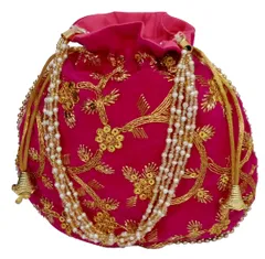 Chenille Potli Bag (Clutch, Drawstring Purse): Intricate Gold Thread & Sequin Embroidery Satchel For Women, Fushcia Pink (12603A)?