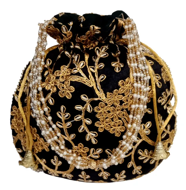 Silk Potli Bag (Clutch, Drawstring Purse): Intricate Gold Thread & Sequin Embroidery Satchel For Women, Black (12602C)?