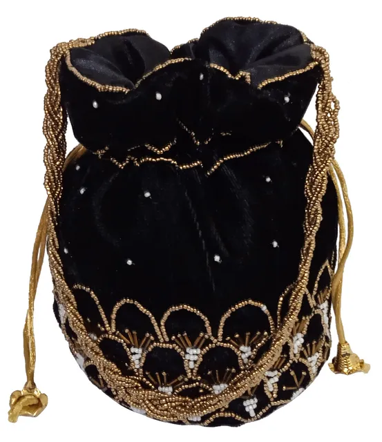 Chenille Potli Bag (Clutch, Drawstring Purse): Intricate Bead Work Satchel Handbag, Black (12604A)?