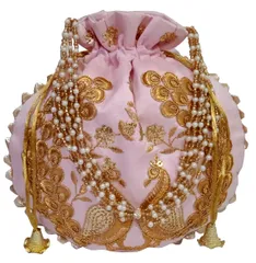Silk Potli Bag (Clutch, Drawstring Purse): Intricate Gold Thread & Sequin Peacock Embroidery Satchel For Women, Pink (11474B)?