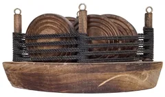 Wooden Coaster Set Ocean Sail: 6 Round Coasters In Boat Shaped Holder Stand With Distress Finish (12606)