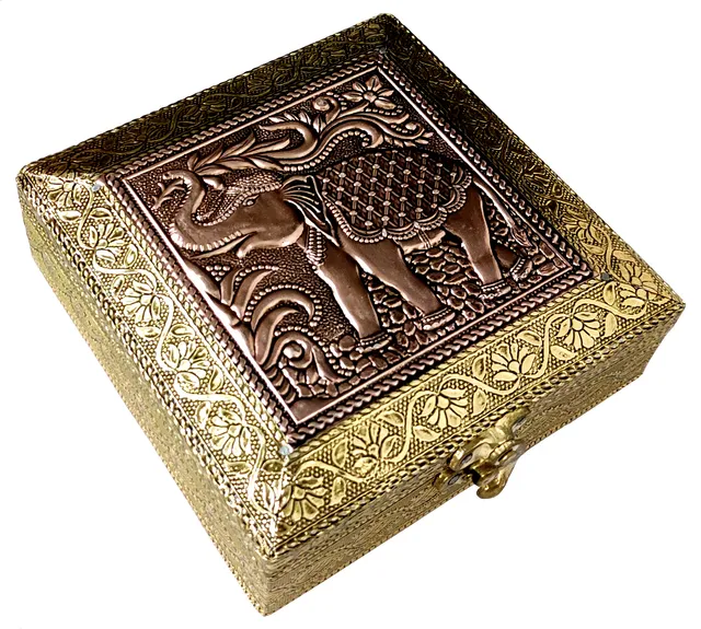 Wooden Dry Fruits Box With Oxidized Metal Sheet 'Elephant': For 250 Grams Nuts Chocolates Diwali Festival Gift (12207)