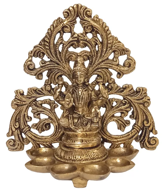 Brass Idol Lakshmi With 6 Diyas Deepak (Kuthu Vilakku): Royal Design Welcome Decoration Oil Lamp Statue (12506A)