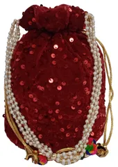Blingy Shiny Chenille Potli Bag (Clutch, Drawstring Purse) For Women: Red Sequin Embroidery Work (12530A)