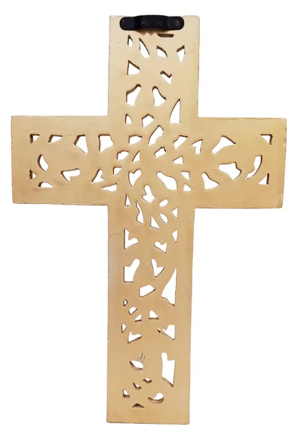Wooden Jesus Christ Wall Cross: Hand Carved Antique Design Hanging Plaque For Home Altar Room Decor, Dull Gold (10773B)