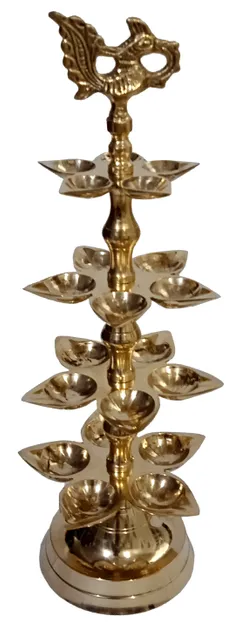 Brass Kuthu Vilakku Inauguration Oil Lamp Diya: Peacock Design 20 Lights Deepam, 12 Inches (12624)