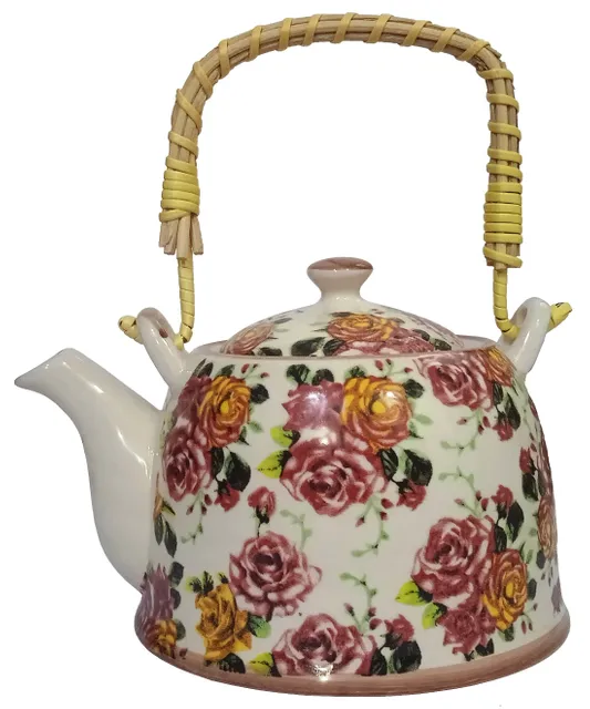 Ceramic Kettle 'Rose Bouquet': Large 850 ml Tea Coffee Pot, Steel Strainer Included (11220A)