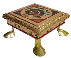 Wooden Meenakari Aasan Chowki: Peacock Design Small Stand for Home Temple, 4 Inches, Multicolor (10203A)