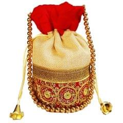 Rich Velvet & Jute Potli Bag (Clutch, Drawstring Purse, Evening Handbag) For Women With Gold Embroidery Work and Golden Beads String , Red (11477)