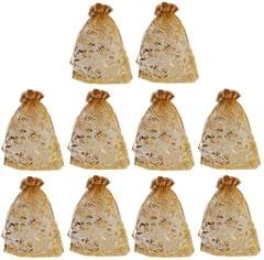 Polyester Net Brocade Gift Pouch, Gold, 7 Inches: Pack of 10 Potli Gift Bags (12080B)