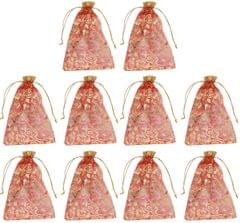 Polyester Net Brocade Gift Pouch, Red, 7 Inches: Pack of 10 Potli Gift Bags (12080A)