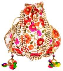 Potli Bag (Clutch, Drawstring Purse): Intricate Thread Embroidery Satchel, Multicolor (12436)