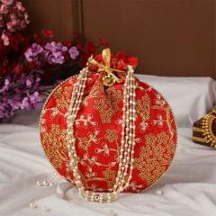 Silk Potli Bag (Clutch, Drawstring Purse): Intricate Gold Thread & Sequin Embroidery Satchel For Women, Red (12602A)?