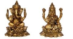 Ganesha-Laxmi Statue Sculpted in Solid Brass Metal for Home Temple (10392)