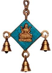 Hindu Religious Wall Hanging of Goddess Lakshmi (Laxmi) in Solid Brass Metal with Turquoise Gem-stone Work and Three Bells (10361)