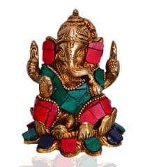 Ganesha Statue (Seated on Lotus Flower) in Antique Style: Designed on Brass with Coloured Gemstones (10529)