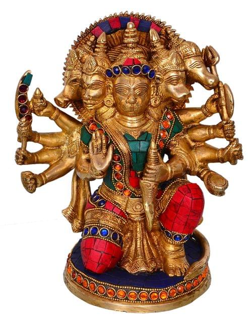 Hindu Religious Lord Hanuman/Bajrangbali Statue in Panch-mukhi Avatar: Sculpted in Solid Brass Metal with gemstones (10682)