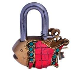 Fish Shaped Brass Padlock With Colorful Gemstone Work (10663)