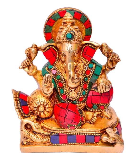 Hindu Religious God Statue of Lord Ganesha in Solid Brass Metal with Turquoise Gem-stone Work (10647)