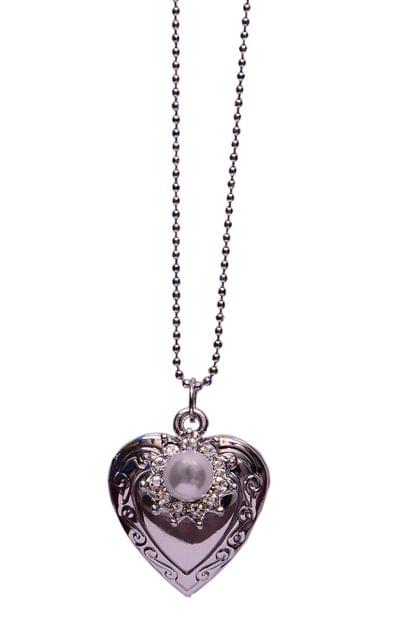 Girls Necklace Chain "Always In My Heart": Open Heart Photo Insert Alloy Locket Pendant with Pearl In Silver Color(30070)