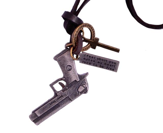 Mens Necklace Chain: Vintage Gothic Country Gun, Cross, Dog Tag Pendant with Adjustable Leather Cord (30060)
