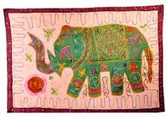 Cotton Tapestry 'Royal Elephant': Vintage Patchwork Sequin Embroidery Bed Throw Or Wall Hanging (11357)