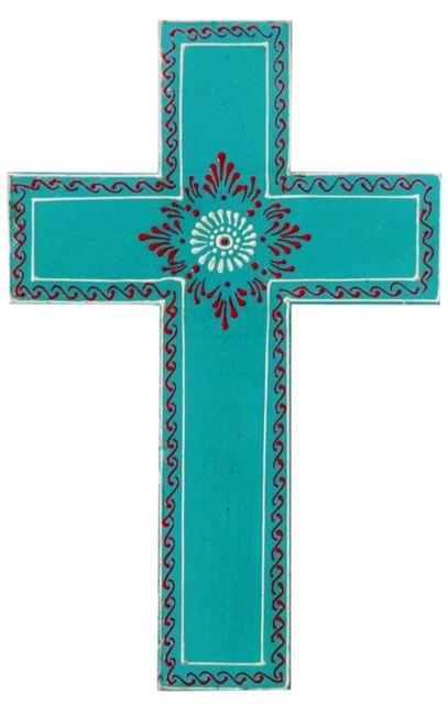 Wooden Wall Cross 'Breath Of Life': Handpainted Mangowood Plaque, Blue (11446D)