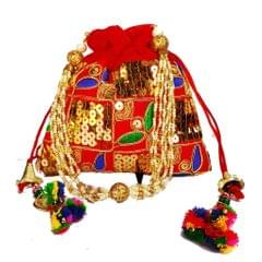 Rich Velvet Potli Bag (Clutch, Drawstring Purse, Evening Handbag) For Women With  Rich Sequin Embroidery Work and Colorful Tassels , Red (11484)